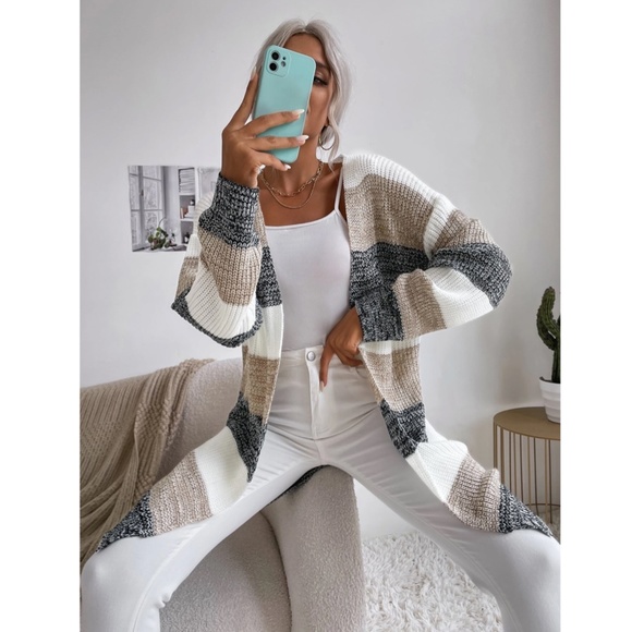 Colorblock Stripes Open Knit Cardigan Knee Length - Picture 3 of 9